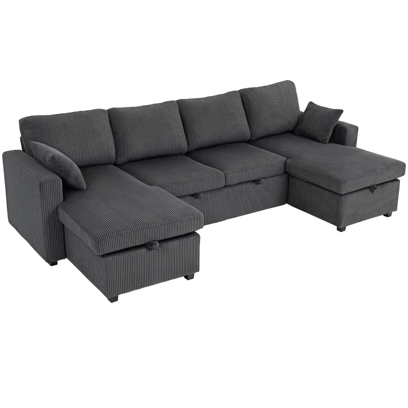 HOMCOM Convertible Sofa Bed, Corduroy U-Shaped Sleeper Sofa Couch with Storage Chaise, Pillows, Spring, Futon Couch, Grey
