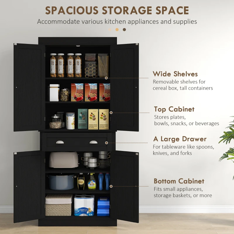 HOMCOM 72" Tall Pantry Cabinet, Kitchen Storage Cabinet with 4 Doors, Drawer and 2 Adjustable Shelves, Black Wood Grain