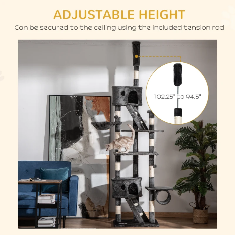 PawHut 94"-102" Floor to Ceiling Cat Tree High Cat Condo Scratching Post Activity Center Multi-Level Play House Dark Grey