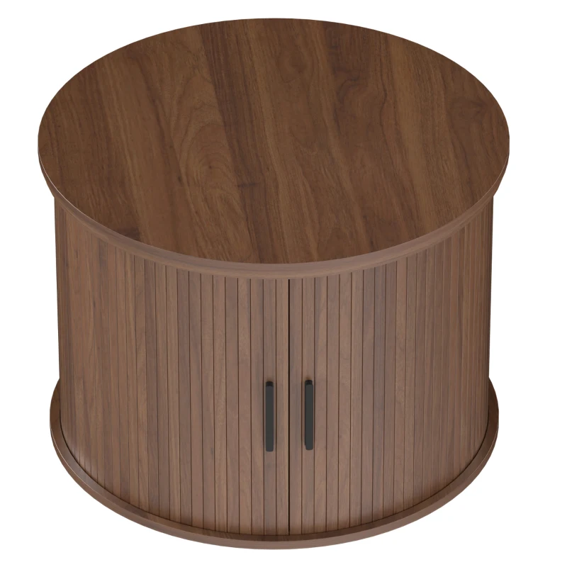 HOMCOM Lift Top Coffee Table, Modern Fluted Round Coffee Table with Layered Storage and Tambour Sliding Door, Walnut Brown