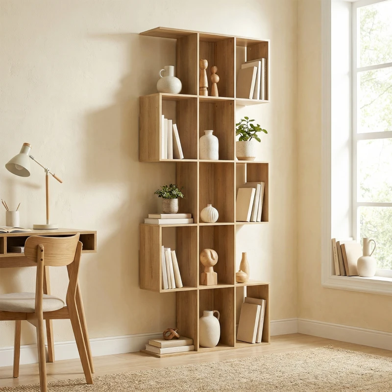 HOMCOM 5-Tier Bookshelf, S Shaped Geometric Bookcase with 15 Compartments, Oak