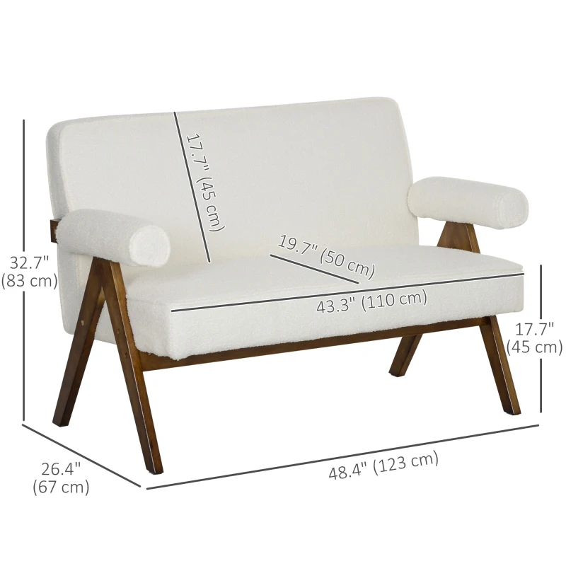 HOMCOM Boucle Fabric 2 Seater Sofa, Small Sofa Loveseat with Thick Padding and Wood Legs, Cream White