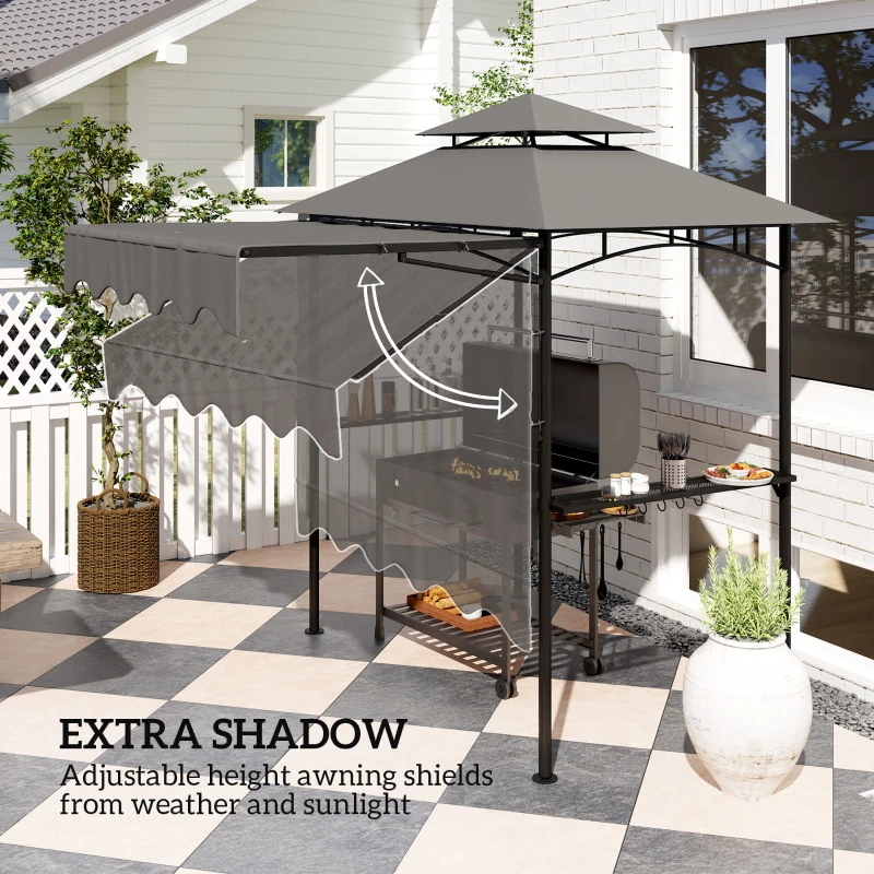 Outsunny 8' x 7.6' Grill Gazebo, Double Tiered Barbecue Grill Gazebo Shelter w/ Side Awning, 2 Side Shelves, 6 Hooks, Dark Grey