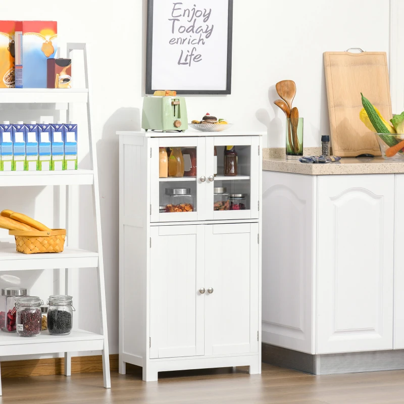 kleankin Bathroom Floor Storage Cabinet with Tempered Glass Doors and Adjustable Shelf, Kitchen Cupboard, Free Standing Organizer for Living Room Entryway, White