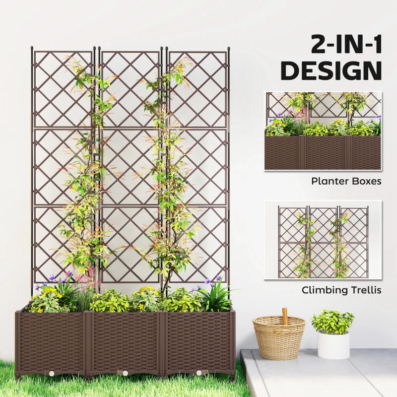 Outsunny Plastic Raised Garden Bed with Trellis, Self Watering Planter Box with Wheels, Drainage Holes and Plugs