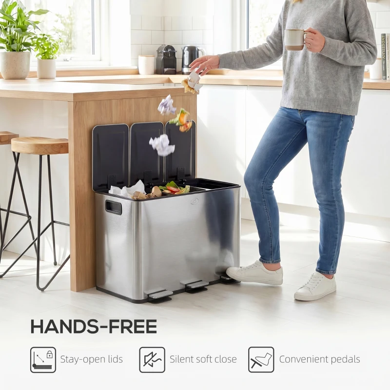 HOMCOM Garbage Bin, Soft-Close Trash Can with Foot Pedal, 3x5 Gallon (3x20 L) Garbage Can with Removable Inner Buckets, Silver