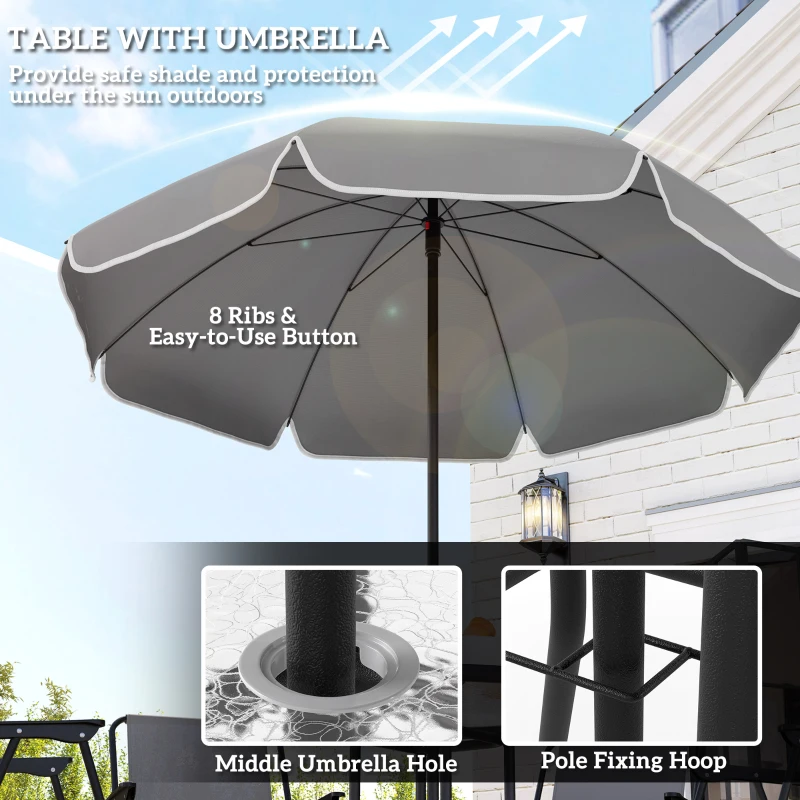 Outsunny 6 Pieces Patio Dining Set with Umbrella, Patio Furniture Set with Folding Chairs, Glass Table for Garden Backyard, Grey