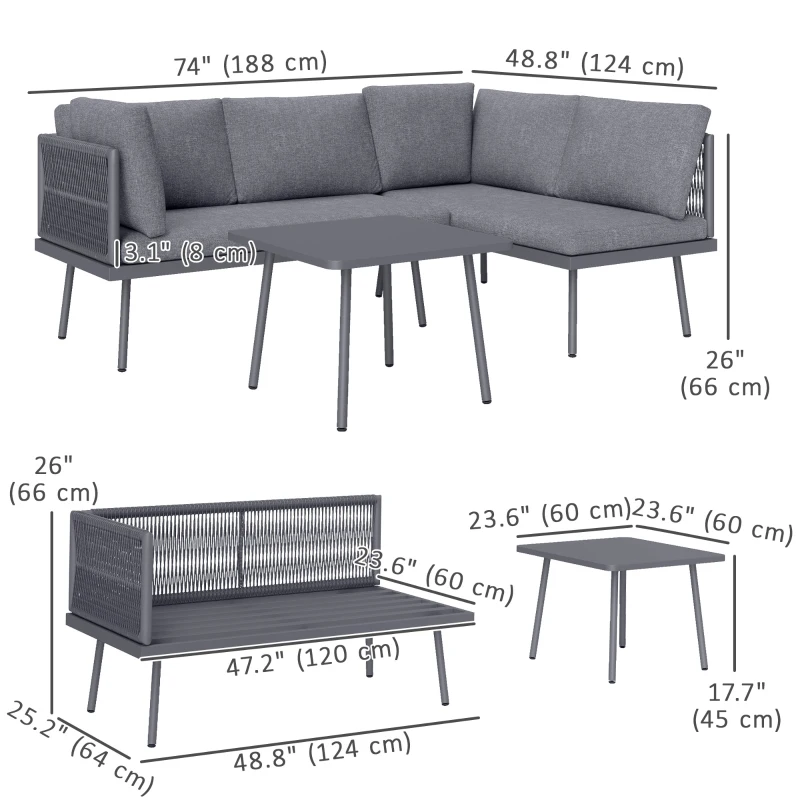 Outsunny 3 Pieces Outdoor Furniture Set, L Shaped Wicker Patio Furniture Conversation Set with Cushions, Steel Table, Grey