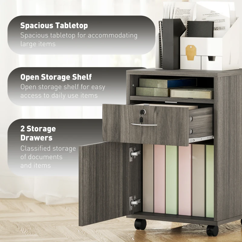 HOMCOM 24" Filing Cabinet with Open Compartment, Lockable Drawer and Wheels, Home Office Storage Cabinet, Distressed Grey