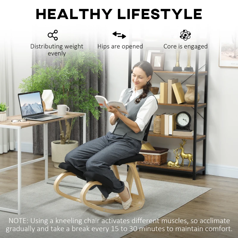 HOMCOM Ergonomic Kneeling Chair, Rocking Wood Kneel Stool with Backrest for Improve Posture, Back Pain, Black