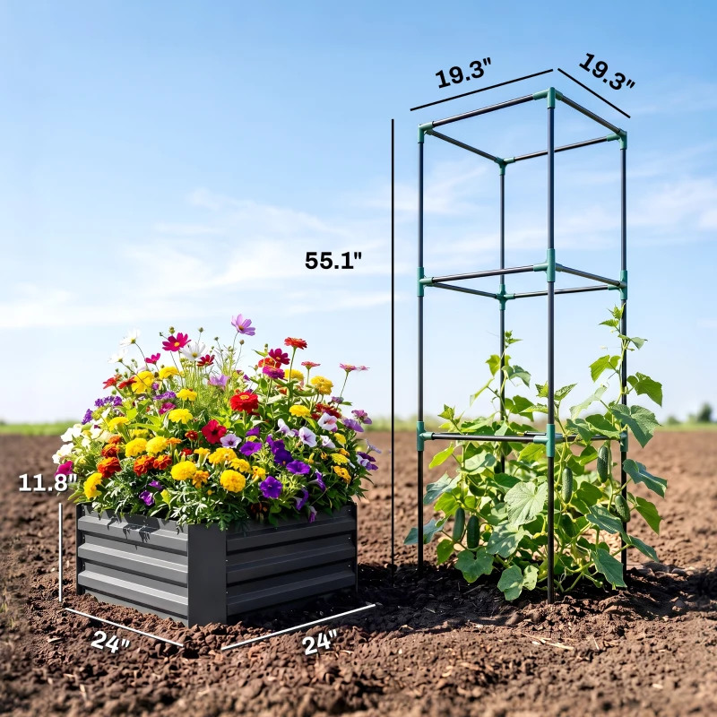 Outsunny Galvanized Planter Box, 24" x 24" x 55" Raised Garden Bed with Tomato Cage for Climbing Vines, Dark Gray