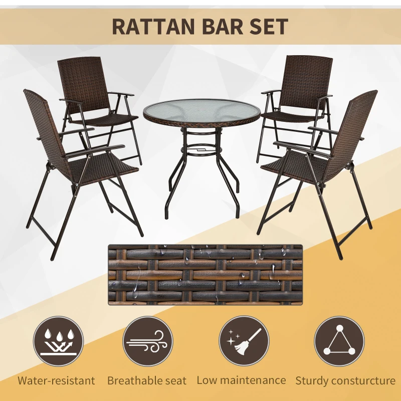 Outsunny Rattan Wicker Patio  Bar Chair Set UV Resistant Garden Furniture Set Outdoor & Indoor w/ Glass & Umbrella Hole Table, Brown