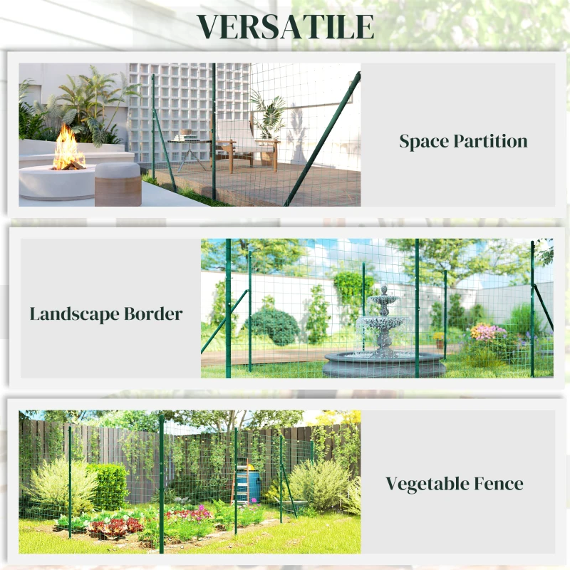 Outsunny Garden Fence Barrier, Welded Fence Roll, Includes Posts & Support Braces, Green Plastic-Coated Steel