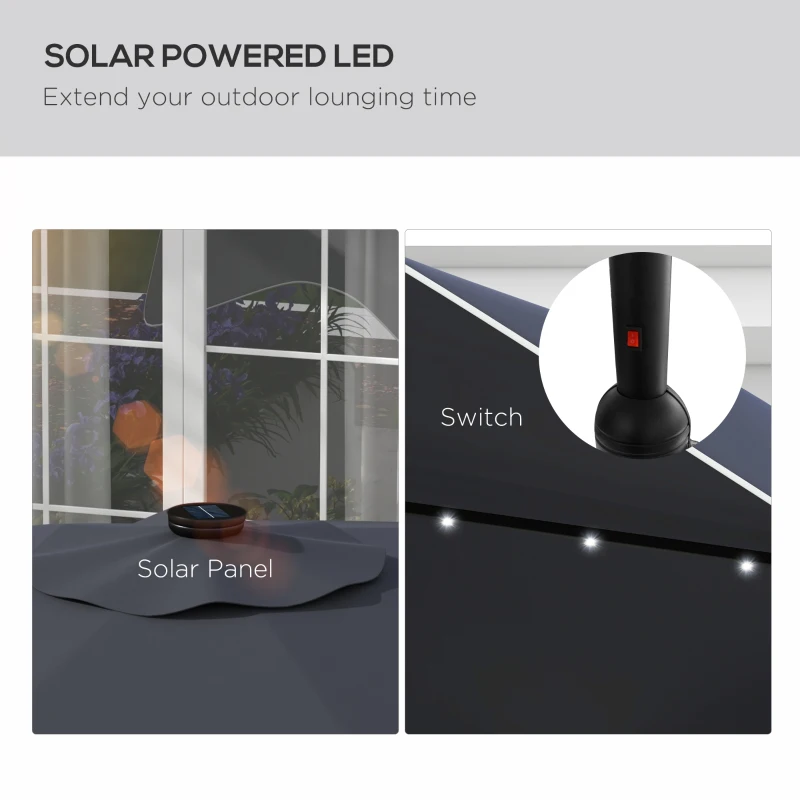 Outsunny Solar Patio Umbrella with LED and Tilt, Outdoor Market Table Umbrella Parasol with Crank, 10 x 10 ft, Dark Grey