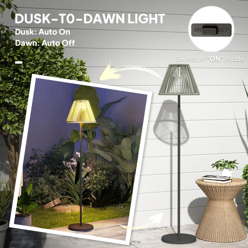 Outsunny Wicker Outdoor Floor Lamp, Cordless Solar Lantern with Auto On/Off LED Lights, IP44 for Patio, Porch, Pathway, Grey