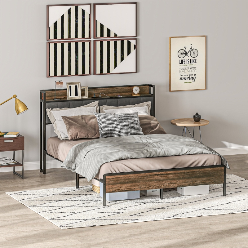 HOMCOM Queen Size Bed Frame with Charging Station, Queen Bed Frame with Upholstered Headboard and Storage Shelf, Walnut