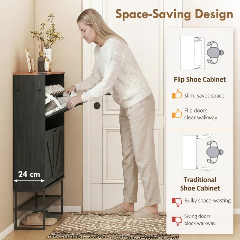 HOMCOM Narrow Shoe Storage Cabinet with 2 Flip Drawers, Slim Shoe Cabinet for 15-20 Pairs, Black Wood Grain