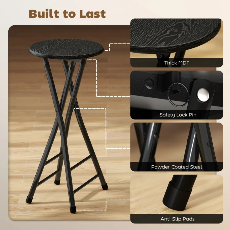 HOMCOM Set of 2 Foldable Barstools, Counter Height Bar Stools with Footrest and Steel Legs for Kitchen Island, Black