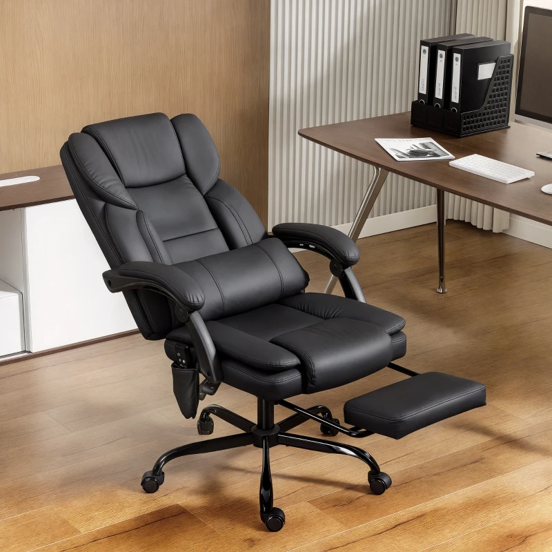 HOMCOM Office Chair with Massage, Pet-Friendly Faux Leather Reclining Desk Chair with Lumbar Support, Footrest, Black