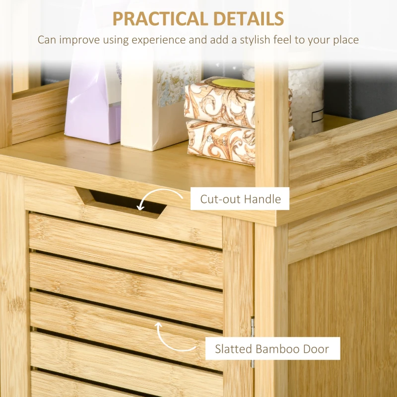 kleankin Bathroom Floor Cabinet with 3 Shelves and Cupboard, Slim and Freestanding Linen Tower with Storage, Natural