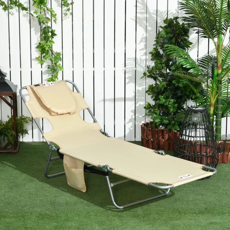 Outsunny Folding Outdoor Lounge Chair, 5-Level Tanning Chair with Face Hole, Side Pocket, Carry Strap for Beach Pool, Beige