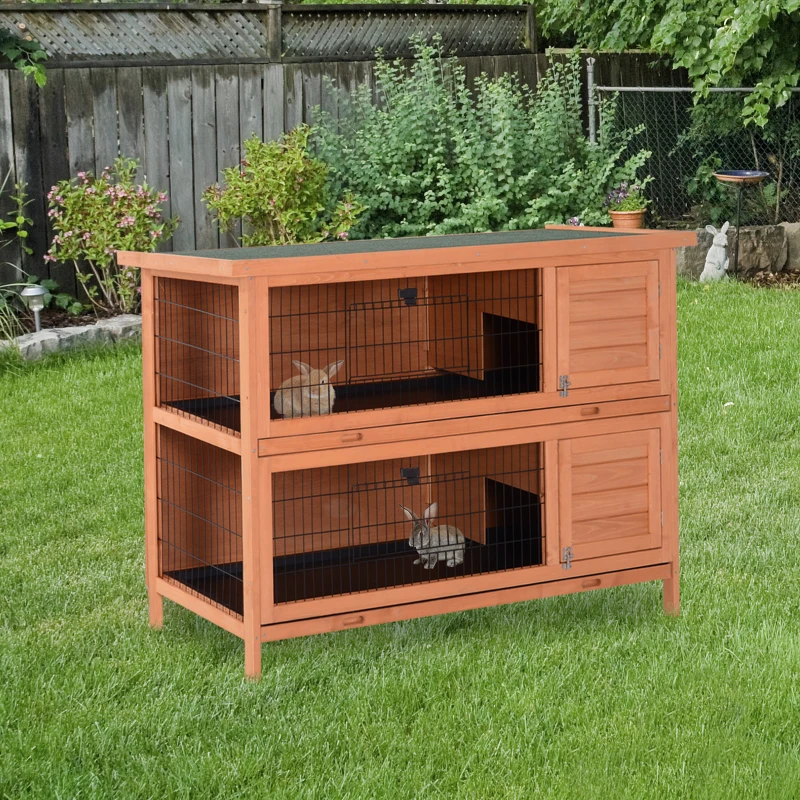PawHut 54" 2-Story Large Rabbit Hutch Bunny Cage Wooden Pet House Small Animal Habitat Lockable Doors, Tray, Roof, Orange