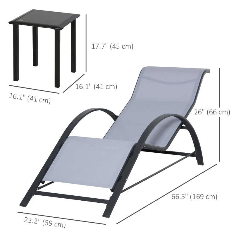 Outsunny 3 Pieces Outdoor Lounge Chair Set, 2 S-Shaped Lawn Chairs and a Glass Table for Patio, Yard, Light Grey