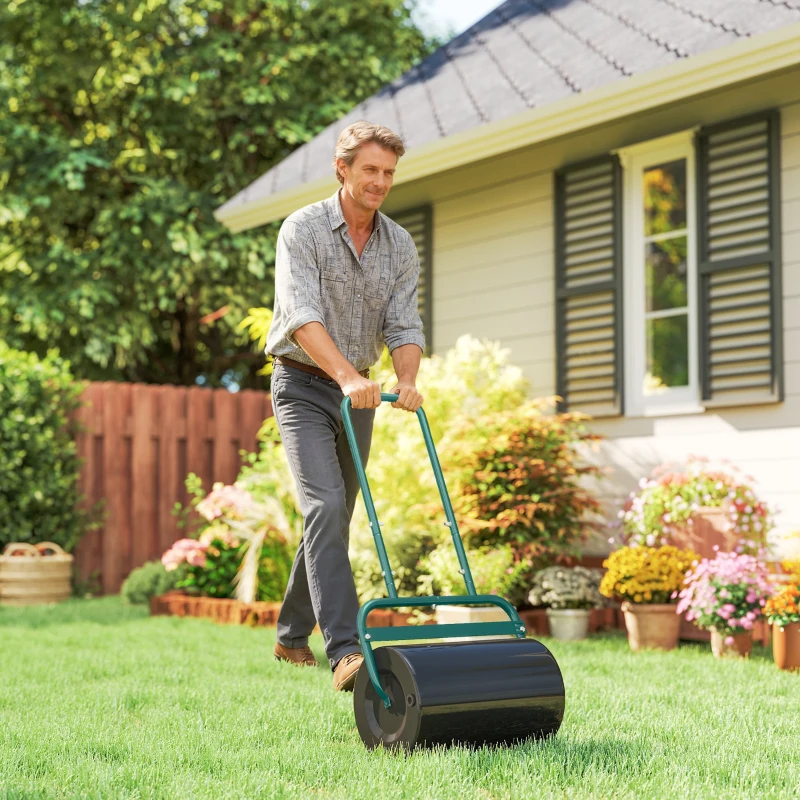 Outsunny Heavy Duty Lawn Roller, 20" Push/Tow Behind Sod Roller, Grass Flattener Filled with 11gal Water/136lbs Sand, Green