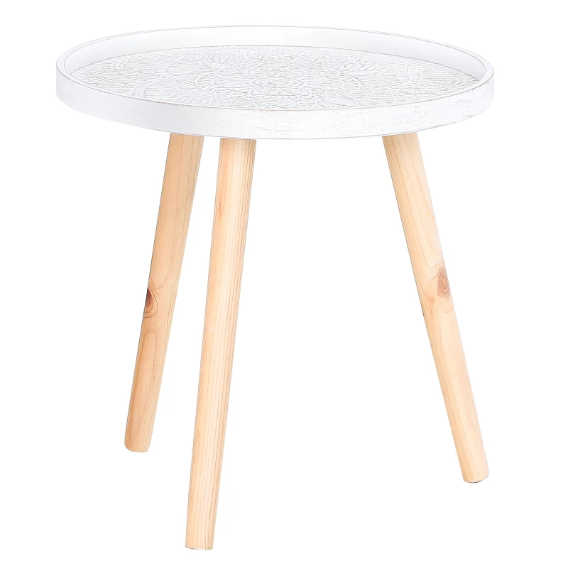 HOMCOM Round Coffee Table, Carved Floral End Table with Tray-style Top and Wooden Legs for Living Room