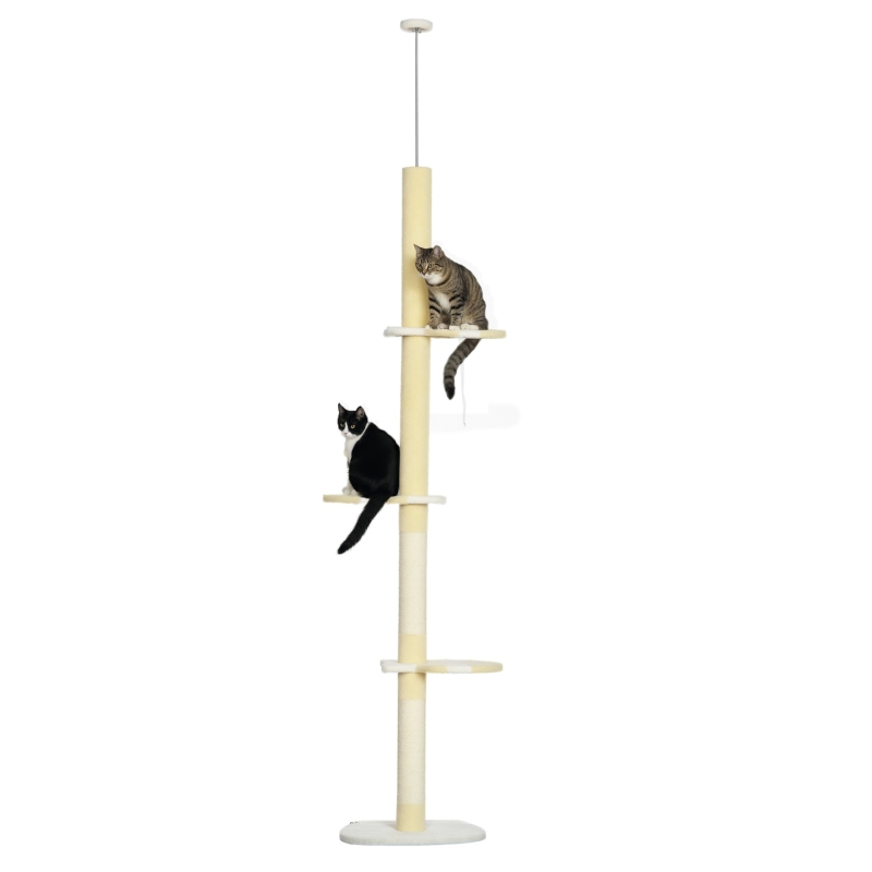 PawHut 87"-102" Floor to Ceiling Cat Tree w/ Sisal Scratching Posts, Anti-tip Kit, Perches, Toy Ball, Yellow