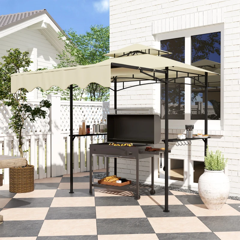 Outsunny 8' x 7.6' Grill Gazebo, Double Tiered Barbecue Grill Gazebo Shelter w/ Side Awning, 2 Side Shelves, 6 Hooks, Beige