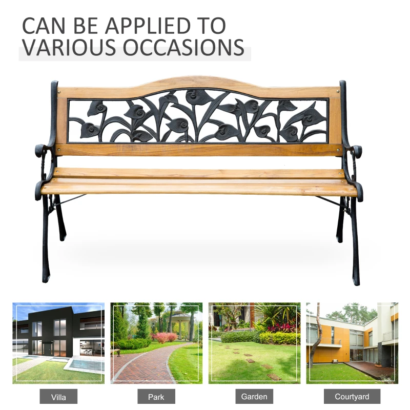 Outsunny 50" 2-Seater Garden Bench Chair, Loveseat for Yard, Lawn, Porch, Patio, Cast Iron/ Wooded, Natural