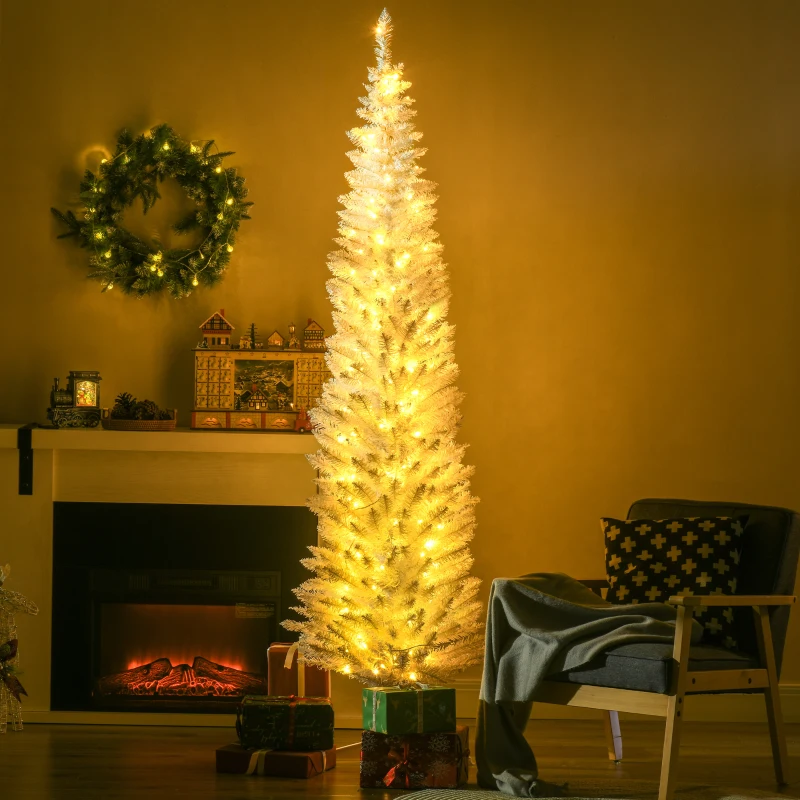HOMCOM 7ft Pencil Christmas Tree, Slim Artificial Christmas Tree with Realistic Branches and Warm White LED Lights, White