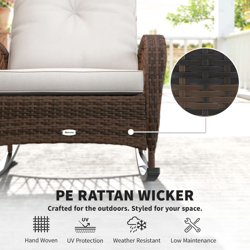 Outsunny Outdoor Wicker Rattan Rocking Chair Patio Rocker with Thick Cushions for Garden Backyard Porch, Light Mixed Brown