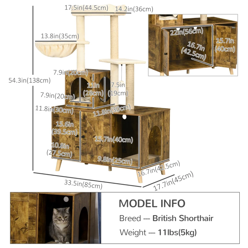 PawHut Litter Box Enclosure with Cat Tree Tower, Hidden Cat Washroom Furniture with Condo, Scratching Posts, Large Platform, Hammock and Soft Cushion, Rustic Brown