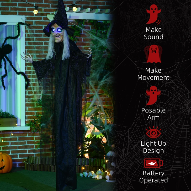 HOMCOM 6' Life Size Black Witch Outdoor Halloween Decoration, Halloween Prop w/ Light Up Eyes