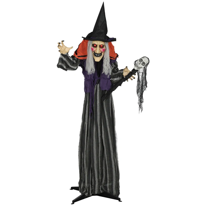 Outsunny Animatronics Standing Witch, Voice-Activated Prop with Skull Staff & Flashing Eyes, Easy Setup Indoor, Orange