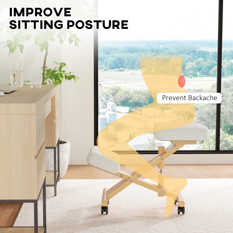 HOMCOM Ergonomic Kneeling Chair, Posture Chair with Rubberwood Frame, Wheels for Office, Posture Correction, Cream White