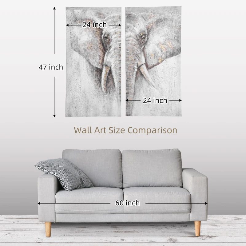 HOMCOM 2 Panel Elephant Art Hand-Painted Canvas Animal Wall Art Painting with Heavy Texture, for Living Room Bedroom Decor Grey, 47.25" x 47.25"