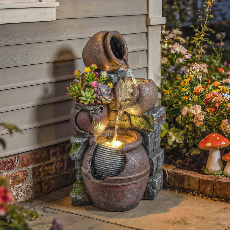 Outsunny Outdoor Fountain with 4-Tier Rustic Pot Design, Cascading Rock Waterfall with LED Lights and Adjustable Flow