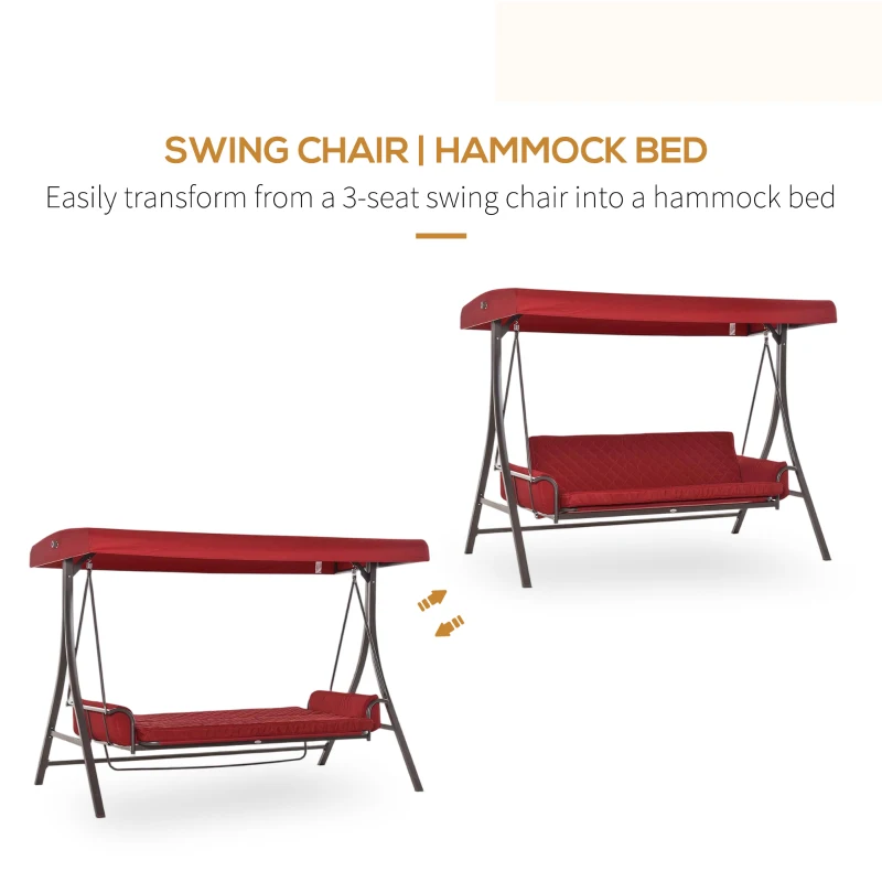 Outsunny 3 Person Porch Swing Bed, 2-in-1 Convertible Outdoor Patio Swing Chair Bench Hammock with Adjustable Canopy, Cushions, Pillows for Porch and Backyard, Red