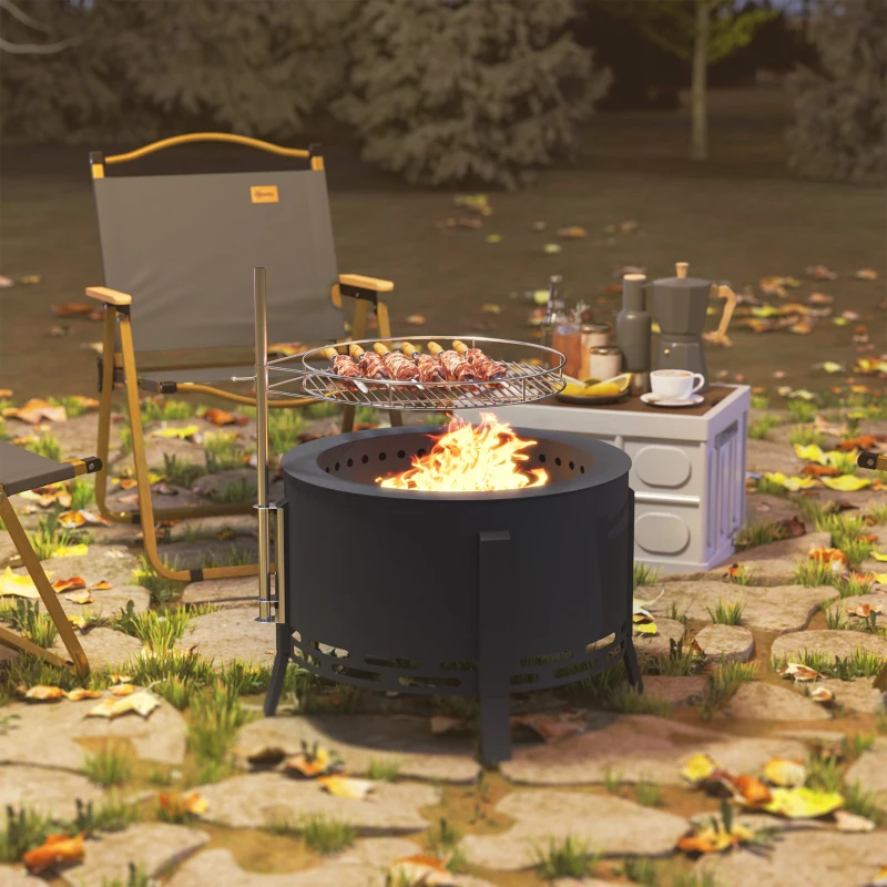 Outsunny Outdoor Fire Pit, Round Firepit with Grill Grate, Fire Bowl with Ash Catcher and Poker for Backyard Camping Bonfire Picnic, Black
