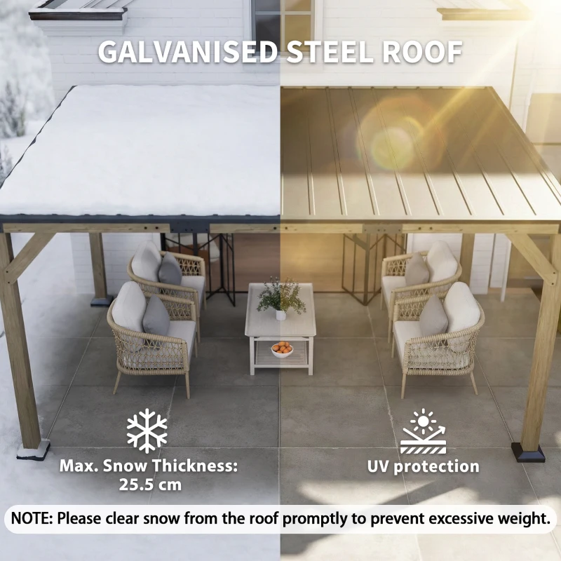 Outsunny 14' x 10' Gazebo, Lean to Galvanized Steel Hardtop Gazebo Pergola with Wood Frame, Patio Gazebo Awning, Dark Grey