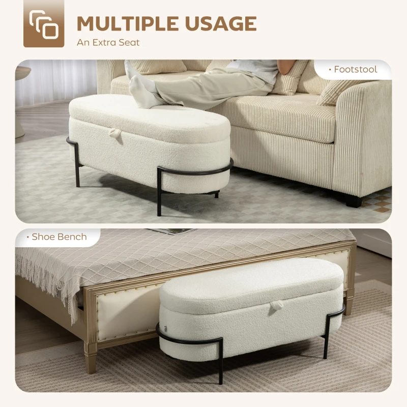 HOMCOM Storage Ottoman with Lift-Up Lid and Steel Legs, 45 Inches Sherpa Fleece Storage Chest for Living Room, Cream White