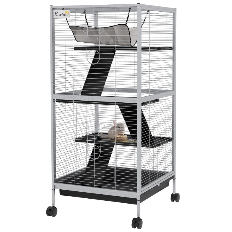PawHut Steel Small Animal Cage for Ferret, Chinchilla, Kitten and Rabbit, Light Grey
