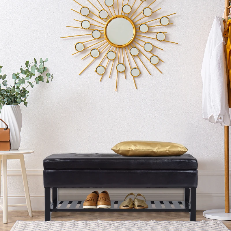 HOMCOM 44" PU Leather Tufted Ottoman Shoe Bench Storage Chest Hallway Brown