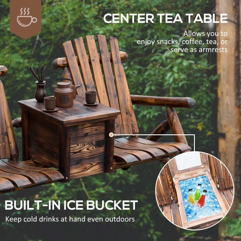Outsunny 64" Double Wooden Garden Bench with Table, 2-Seater Adirondack Loveseat with Ice Bucket, High Backrest, Armrests, for Yard, Lawn, Porch, Patio, Rustic Brown