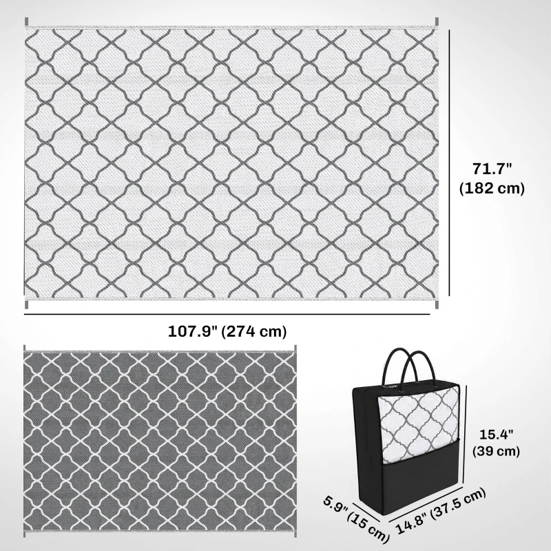 Outsunny Waterproof  Outdoor Rug, 6' x 9' RV Rug Reversible Mat for Backyard, Deck, Picnic, Beach, Camping, Grey & White Net