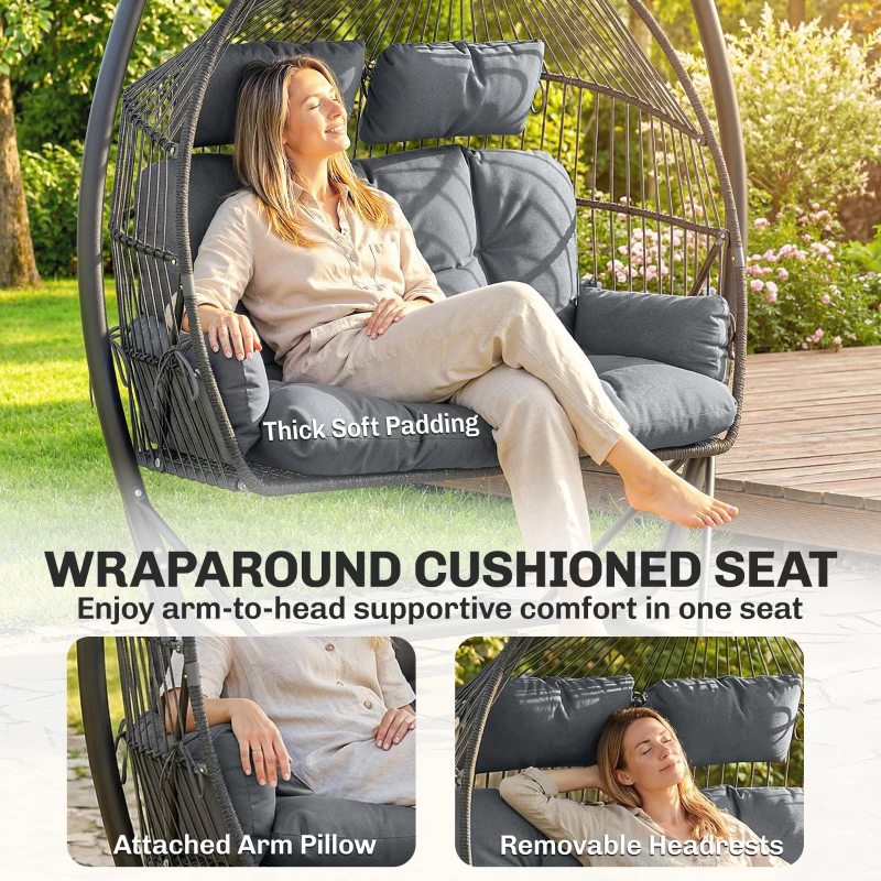 Outsunny Hanging Double Egg Chair Outdoor Egg Swing Chair with Canopy, Cushion, Stand, Dark Grey