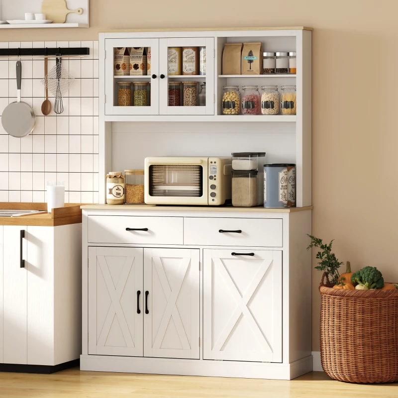 HOMCOM 69" Kitchen Pantry Cabinet with Charging Station Kitchen Cabinet with Microwave Stand 7 Gallon Trash Can Cabinet White